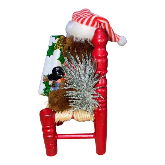 Handcrafted Teddy Bear Christmas Decoration On Red Chair With Festive Details - Picture 3 of 7